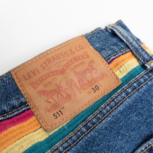 Levis 511 Shorts Blue Denim Pride Rainbow Stonewall Raw Hem Embroidered Size 30 - Picture 8 of 14